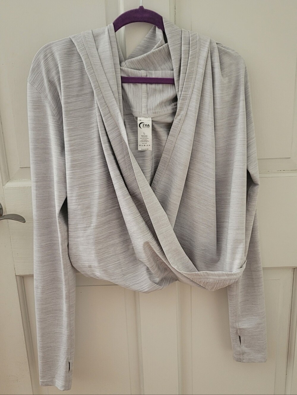 Zyia Heather Grey Crossover Shawl Wrap Long Sleeve Thumbhole Top Size Large